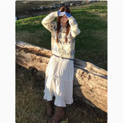 Fair Isle sweater women's spring Christmas tree embroidered zip knit turtleneck jacket unique design sense top