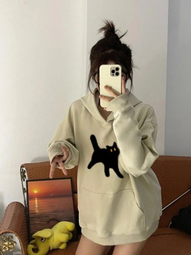 Korean version of super good-looking cartoon cat hooded sweatshirt for women in spring and autumn thin loose oversize temperament versatile top