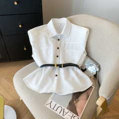 Summer new Korean style belt with versatile slimming single-breasted temperament sleeveless shirt top