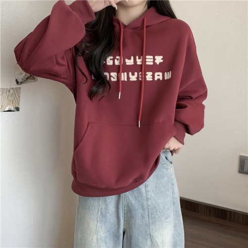 Real shot of Chinese cotton composite milk silk back collar hooded loose sweatshirt for women