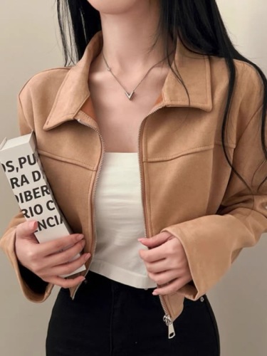 Korean style retro simple solid color slim and versatile zipper lapel suede jacket short coat