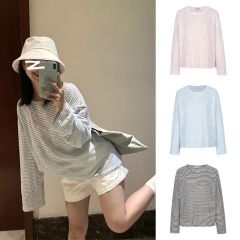 Ready stock - Thin long-sleeved T-shirt summer new fashion striped sun protection breathable loose air-conditioned shirt top