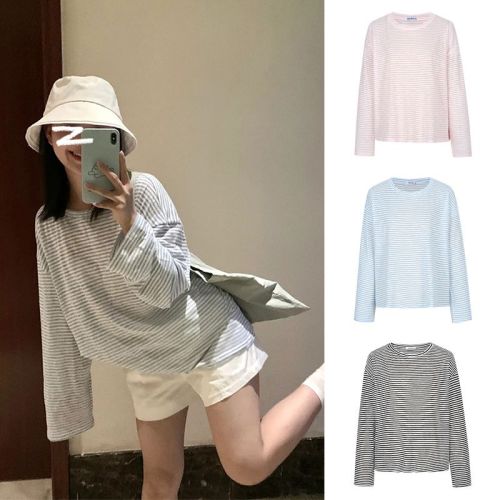 Ready stock - Thin long-sleeved T-shirt summer new fashion striped sun protection breathable loose air-conditioned shirt top