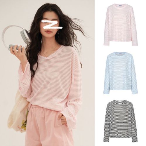 Ready stock - Thin long-sleeved T-shirt summer new fashion striped sun protection breathable loose air-conditioned shirt top