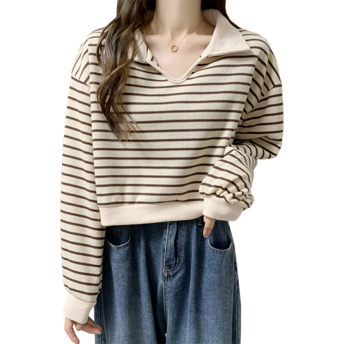 New autumn clothing, Korean version, loose and versatile, striped lapel, slim, high waist, long-sleeved sweatshirt, women's top, trendy outer wear