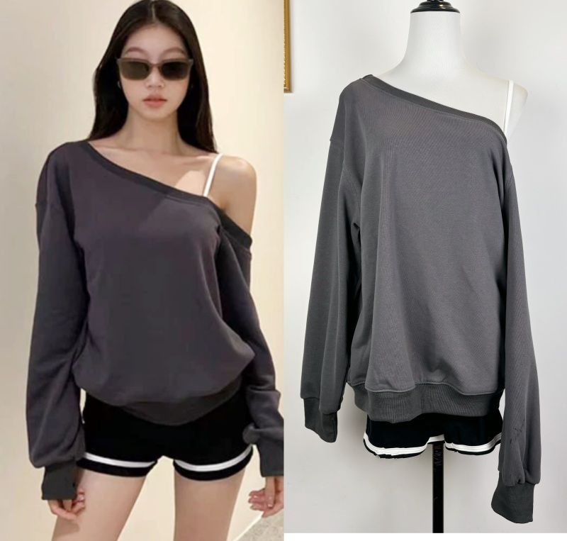 withmin lazy revival hot girl slanted shoulder long-sleeved casual versatile women's sweatshirt long-sleeved top + shorts