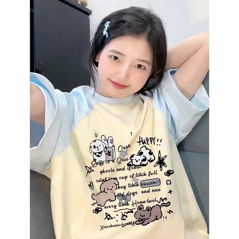 Pure cotton American Hong Kong chic contrasting raglan short-sleeved T-shirt for women summer loose little cartoon top