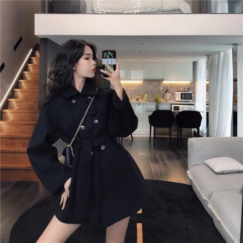 Korean style winter wear loose large size Hepburn style woolen coat for women thickened black mid-length woolen coat