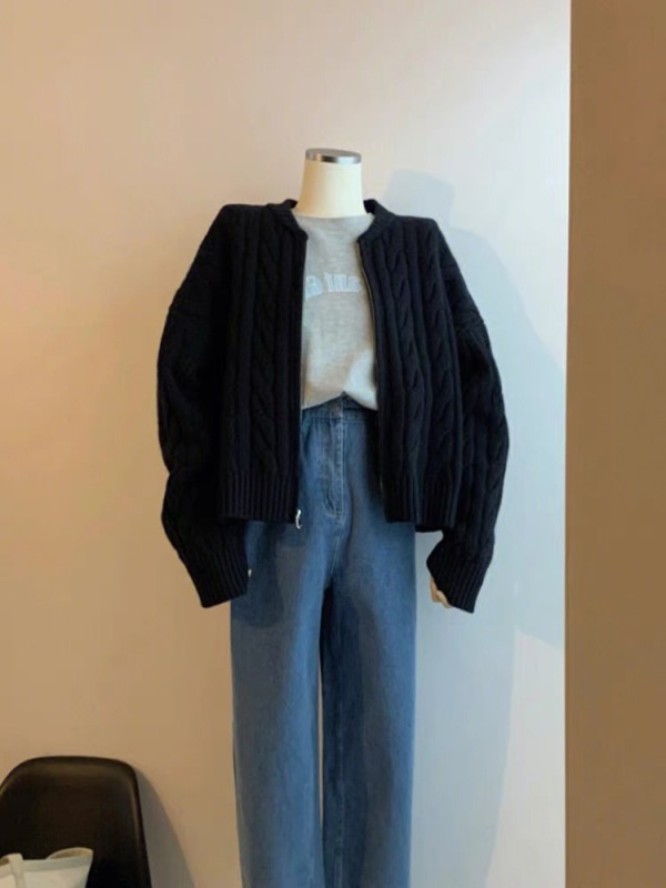 New French style black sweater jacket women's autumn and winter loose casual lazy knitted cardigan