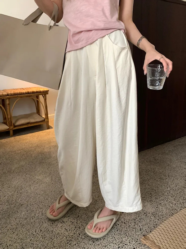 Large trousers with lining, elasticated back high-waisted wide-leg nine-point trousers, loose slimming trousers for small people