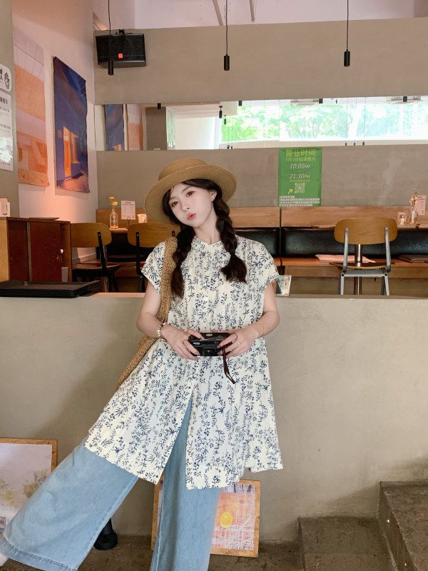 Large size fat mm printed loose and versatile mid-length shirt + loose wide-leg washed jeans