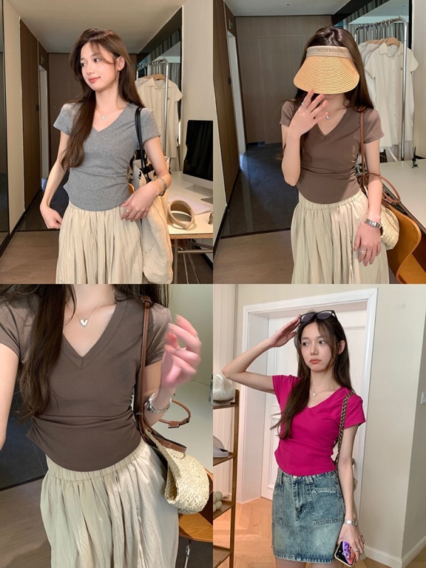 Pleated waist, large V-neck, right-shoulder short-sleeved women's versatile slim-fitting stretch pullover short hot girl top