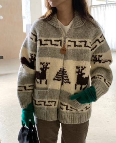 Korean version 2024 autumn and winter new Christmas atmosphere heavy jacquard knitted cardigan sweater jacket for women