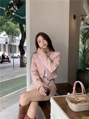 Suede Pure Desire Short Design Long Sleeve Jacket Half Skirt Women's Autumn and Winter New Fashion Two-piece Set