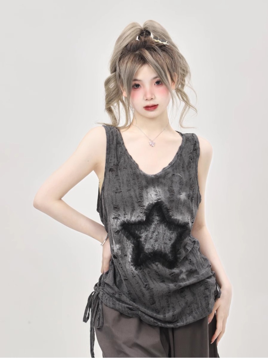 Official Photo Hot Girl Sweet Loose Star Embroidered Vest Women's Summer Outerwear Sleeveless Waistcoat Drawstring Top