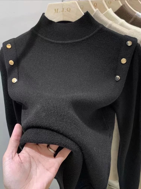 Autumn and winter new button knitted sweater tops women's half turtleneck black bottoming shirt slim fit thickened sweater