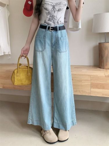 Plus size new American style big pocket thin jeans washed and distressed straight wide leg nine-point pants