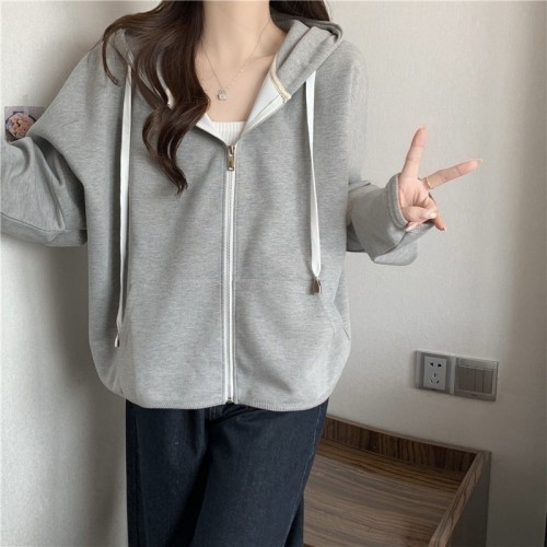 Real shot of Chinese cotton composite milk silk zipper hooded sweatshirt for women