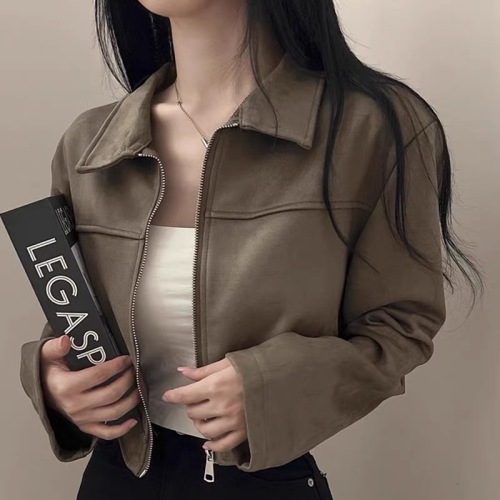 Korean style retro simple solid color slim and versatile zipper lapel suede jacket short coat