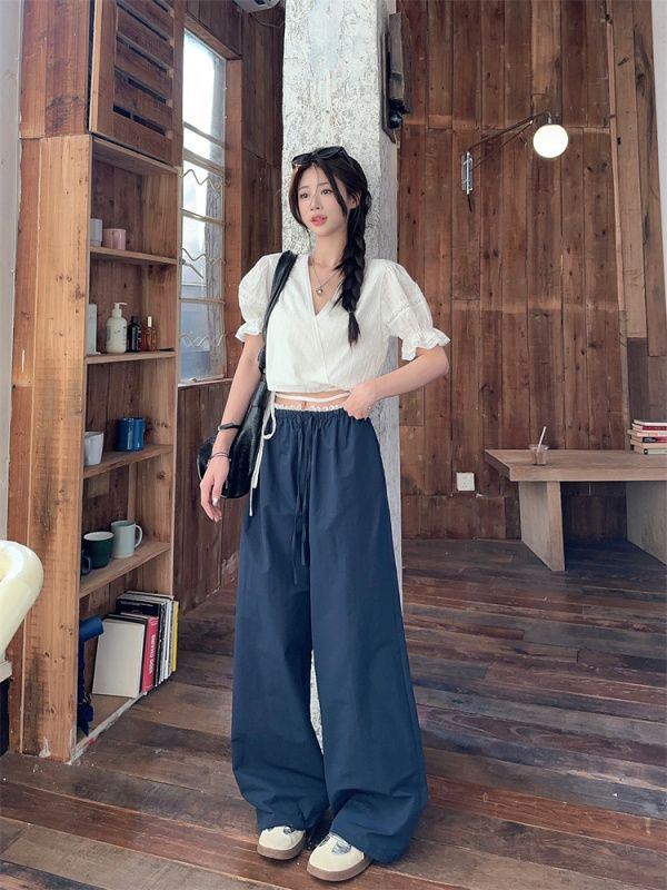 Lace strap jacquard V-neck shirt top women's summer waistband spliced ​​lace casual pants