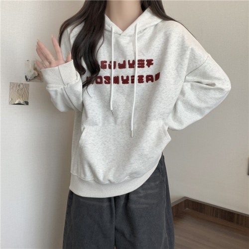 Real shot of Chinese cotton composite milk silk back collar hooded loose sweatshirt for women