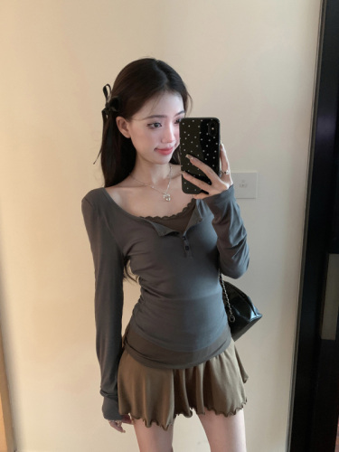 Half-cooked sweetheart fake two-piece elastic slimming long-sleeved top + light ballet lace skirt