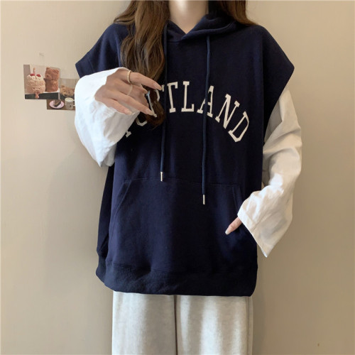 After the real shot, the package includes the hairy Chinese cotton composite milk silk 320g thin hooded letter embroidered vest sweatshirt for women