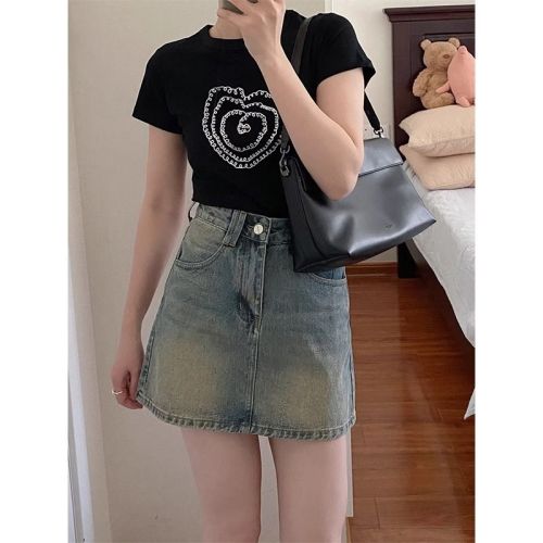 Retro Hot Girl Denim Skirt Women's Summer New Distressed High Waist Slim Hip Skirt Versatile A-Line Short Skirt