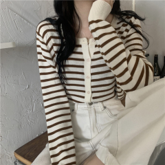 Real Shot True Korean Version Ins Style Loose Striped Knit Cardigan Jacket Overcoat for Women