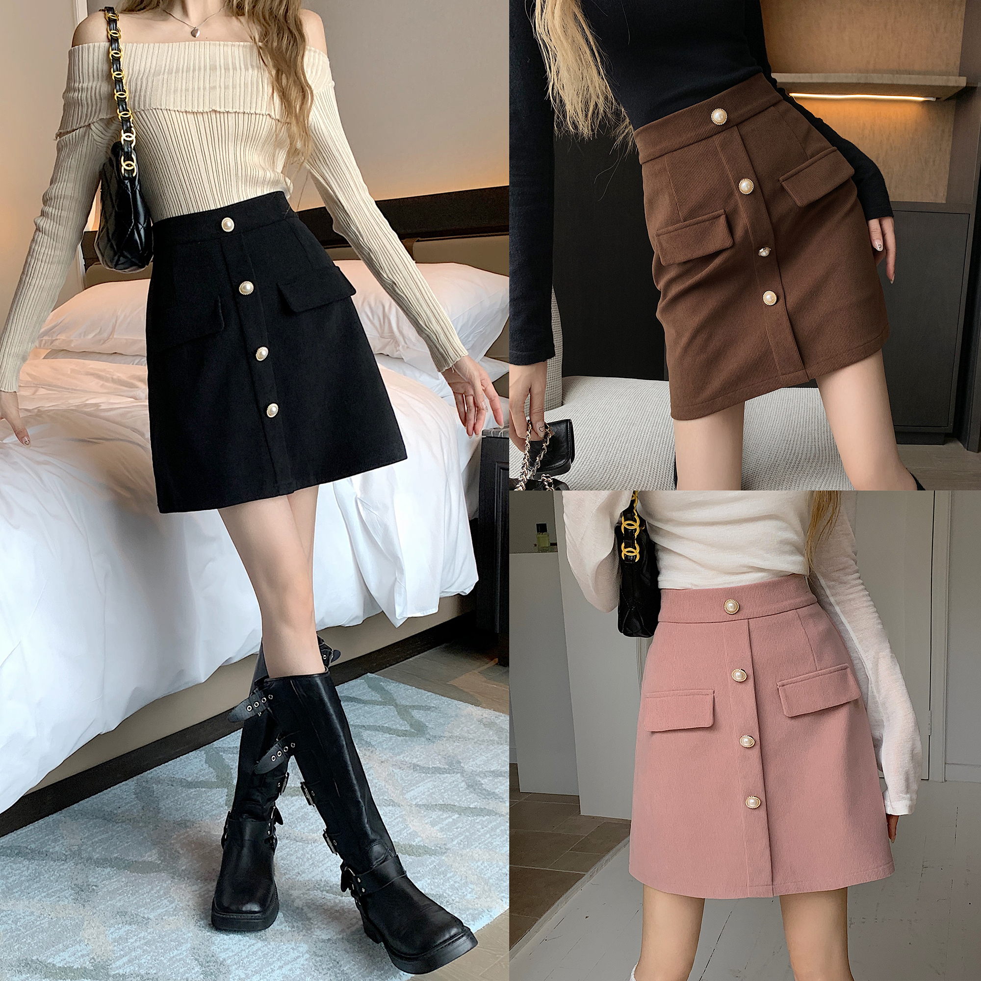 7720 Photo shoot~ Large size women's semi-skirt for autumn and winter, high-waisted A-line plus-size short skirt one-step dress