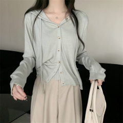 實拍 真 早秋新款假兩件長袖連帽針織衫短外套開衫女