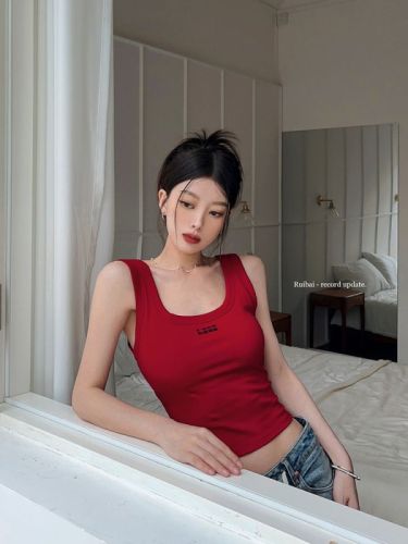 Red u-neck letter vest for women summer Hong Kong style slimming and beautiful back suspender top