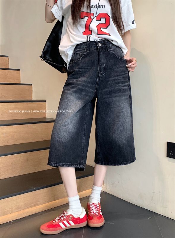American black denim cropped pants for women summer retro mid-pants loose straight wide-leg shorts