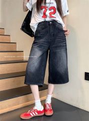 American black denim cropped pants for women summer retro mid-pants loose straight wide-leg shorts