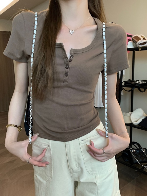 Basic solid color right shoulder short-sleeved women's versatile round neck slim stretch T-shirt top summer