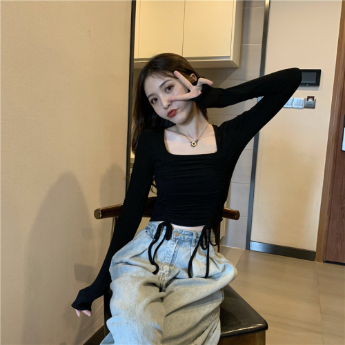 0 fiber 10 spandex double-sided German velvet autumn Korean style drawstring T-shirt women's long-sleeved bottoming shirt