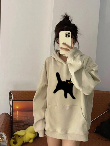 Korean version of super good-looking cartoon cat hooded sweatshirt for women in spring and autumn thin loose oversize temperament versatile top