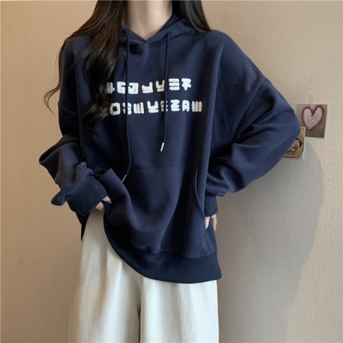 Real shot of Chinese cotton composite milk silk back collar hooded loose sweatshirt for women