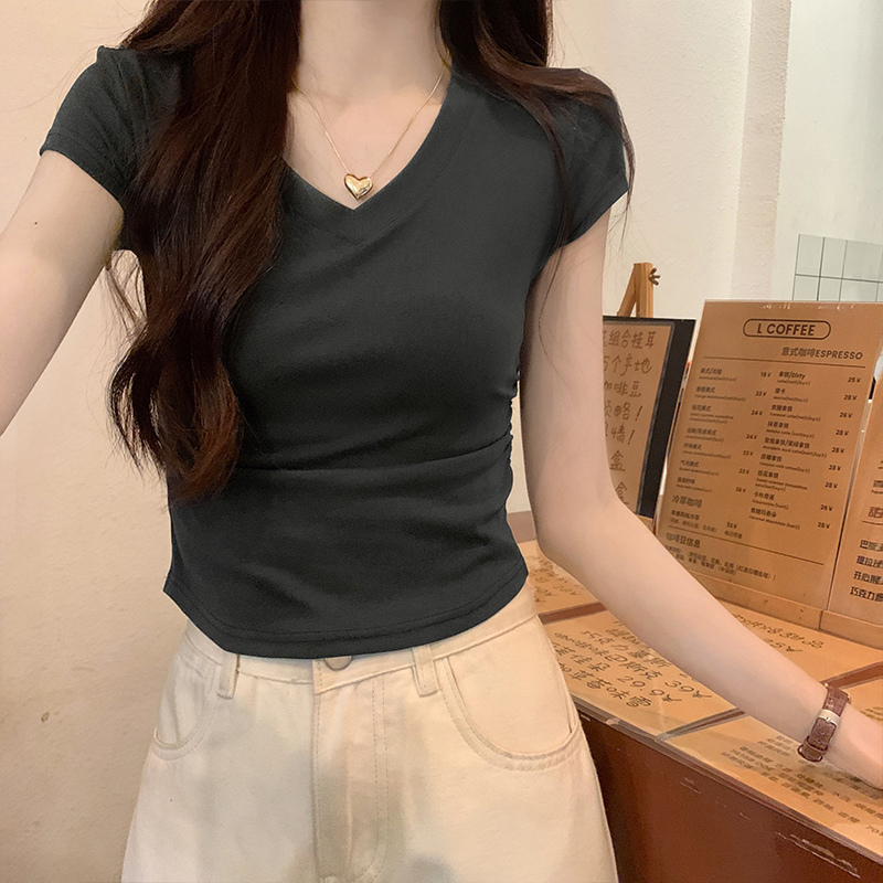 American right shoulder white short-sleeved t-shirt women's summer new design hot girl pleated v-neck short top