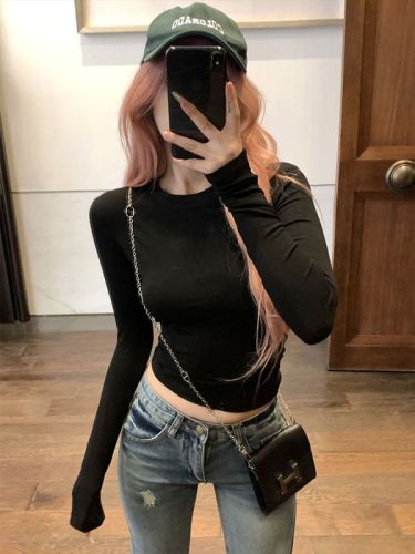 Hot girl pinch waist right shoulder short t-shirt long sleeve women's slim fit bottoming shirt tight round neck top