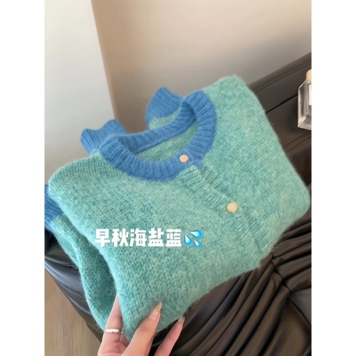 Xiaoxiangfeng Mohair Knitted Cardigan Women's Autumn and Winter Soft and Lazy Contrast Color Round Neck Raccoon Velvet Sweater Cardigan