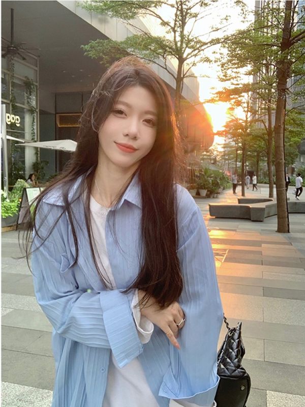 Designed blue sun protection shirt jacket summer new loose POLO collar mid-length cardigan women's top trendy