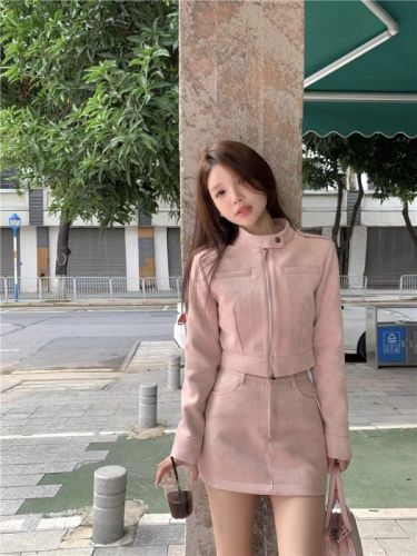 Suede Pure Desire Short Design Long Sleeve Jacket Half Skirt Women's Autumn and Winter New Fashion Two-piece Set