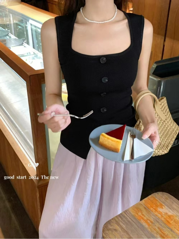2024 new summer style one-breasted knitted sleeveless vest, versatile slimming slimming suspender top