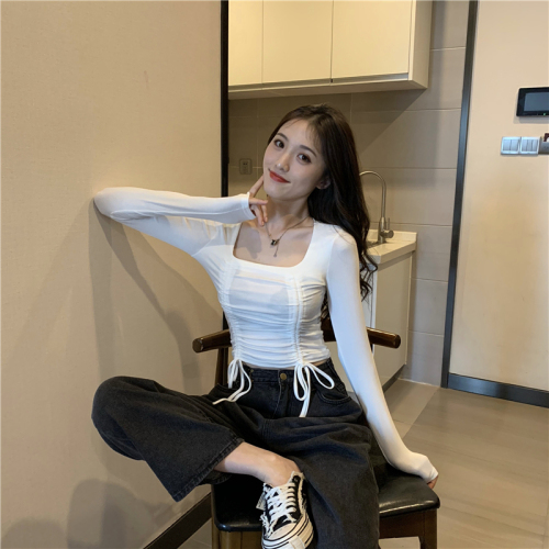 0 fiber 10 spandex double-sided German velvet autumn Korean style drawstring T-shirt women's long-sleeved bottoming shirt