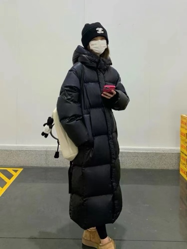 Black gold down jacket and cotton coat 2024 new Korean style hooded loose over-the-knee thickened warm long coat