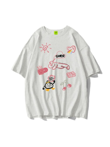 Combed tight silo lazy style casual cartoon pattern printed short-sleeved T-shirt