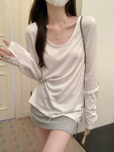 Actual shot of Korean version 2024 autumn long-sleeved T-shirt for women slightly see-through solid color loose top