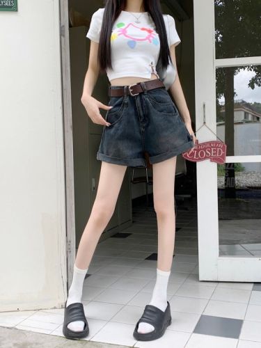 Curled straight denim shorts for women summer new high-waist slim hot pants hot girls wide-leg pants