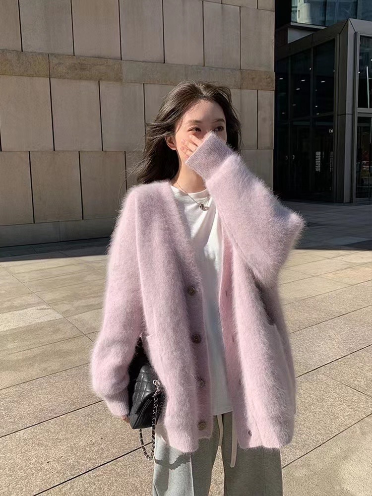 Purple Mink Fleece Soft and Plush Women's Autumn/Winter Loose Lazy Windproof Long-Sleeve Knit Cardigan Fluffy